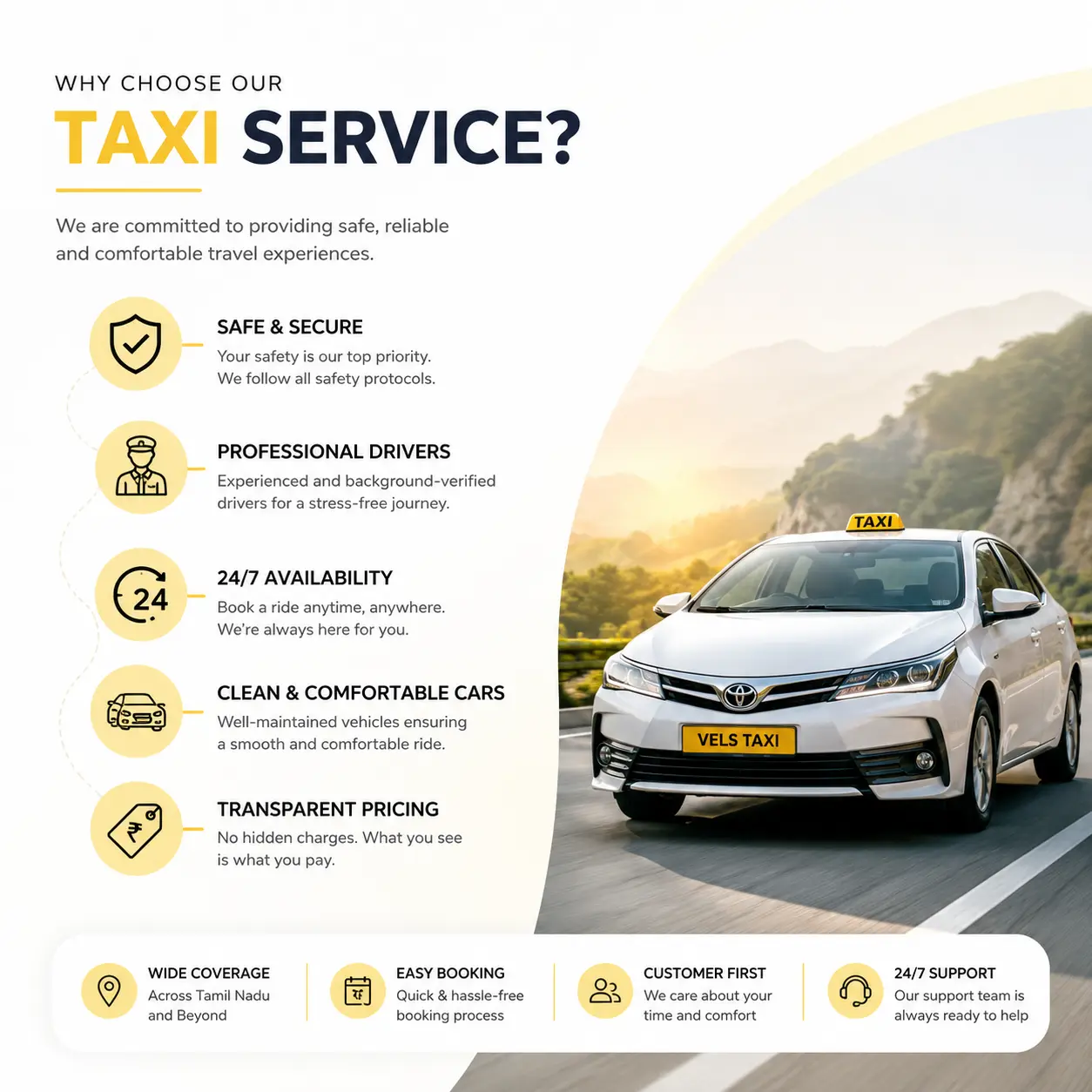 Why choose Vel's Drop Taxi — safe & secure, professional drivers, 24/7 availability, clean cars, transparent pricing